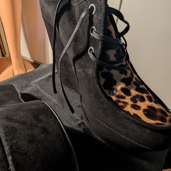 Stuart Weitzman Shoes - Stuart Weitzman black suede wedge booties with leopard print size 11BlackMult